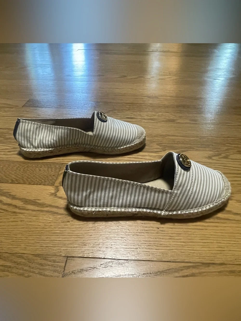 NWOT - Talbots Striped Canvas Espadrille Flats Dragonfly Gold Emblem - Sz 7.5